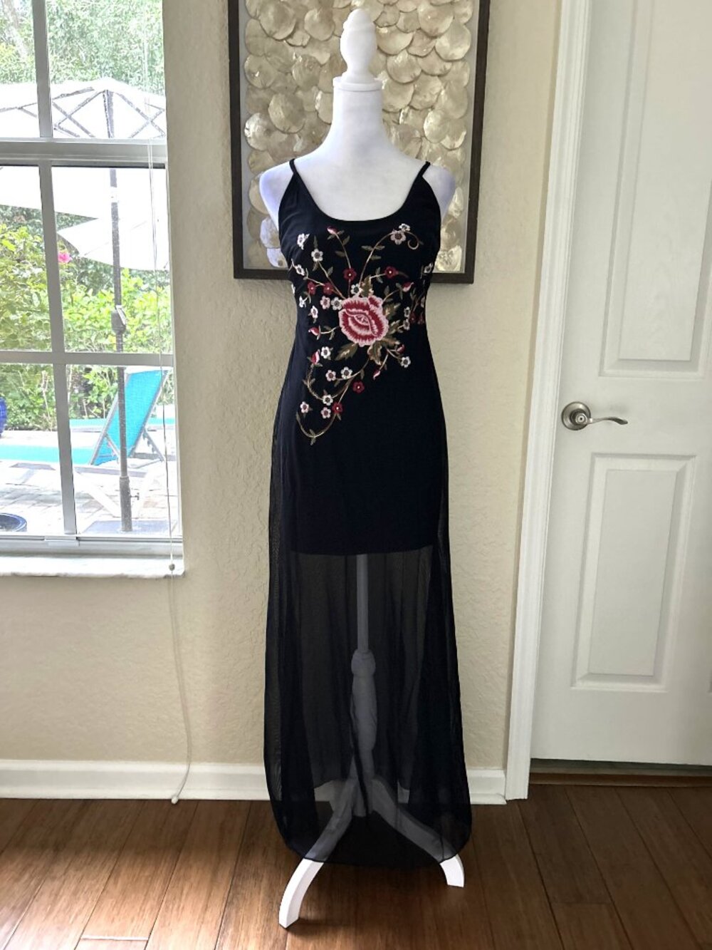 Vintage Ashlee Black Embroidered Mesh Overlay Maxi Dress